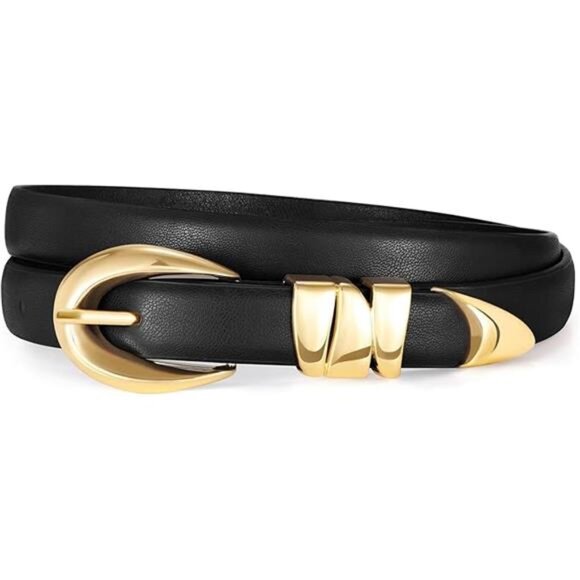 Leather Belt for Women – Gold Buckle Adjustable Belt, Classic Thin Waist Belt - Picture 4 of 4
